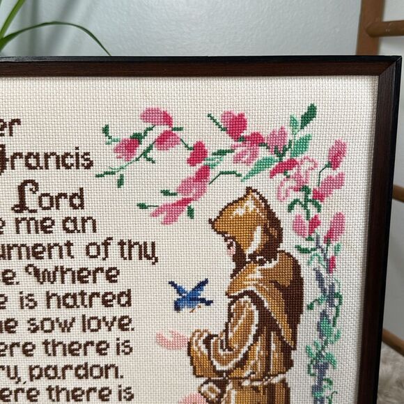 Vintage Cross Stitch Prayer of St. Francis Wall Religious Decor Framed No Glass - Picture 7 of 17